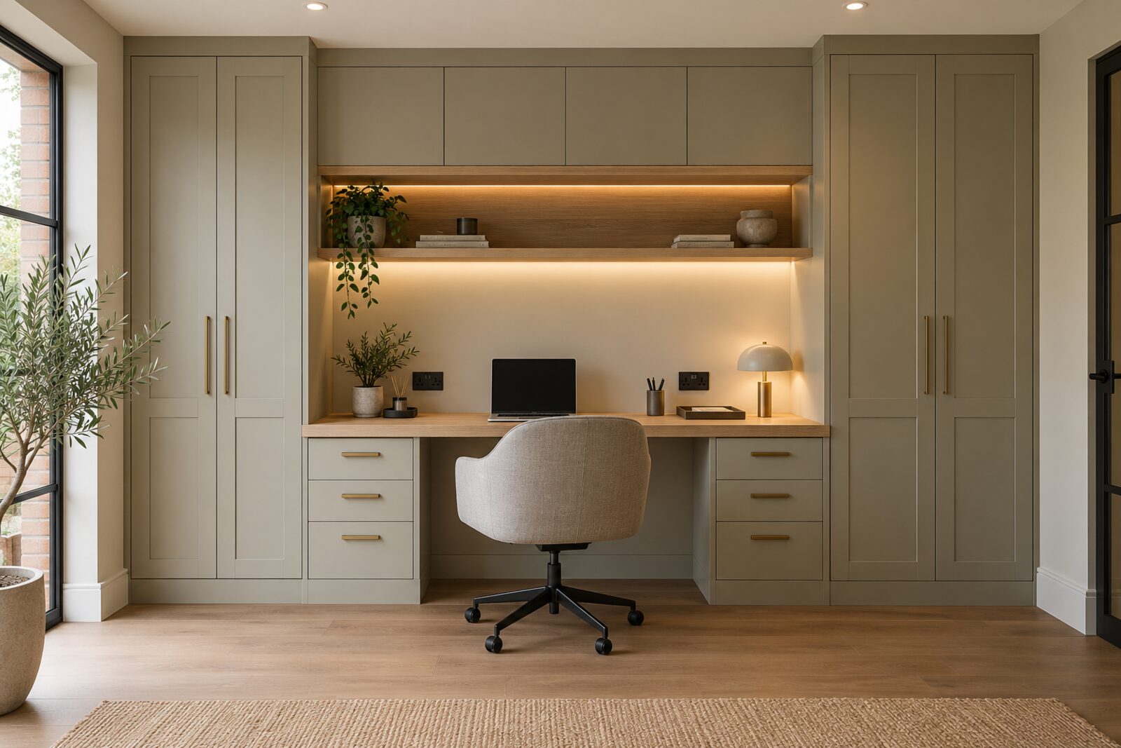 Fitted home office with sage cabinetry and oak desk